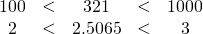 Rendered by QuickLaTeX.com \begin{array}{ccccc}100& <& 321& <& 1000\\ 2& <& 2.5065& <& 3\end{array}