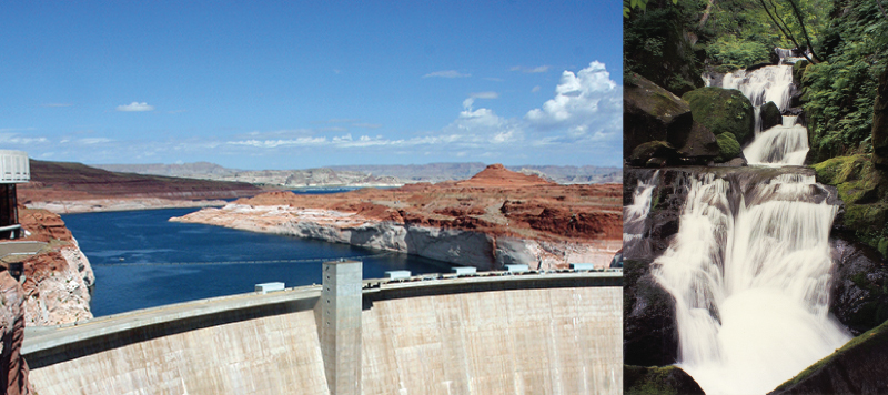 The photo on the left shows water behind a dam as potential energy. The photo on the right shows a waterfall as kinetic energy.