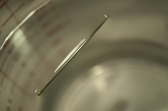 A photograph shows a needle floating at the surface of a glass of water.  Though the needle floats, it appears to be slightly sinking below the surface.