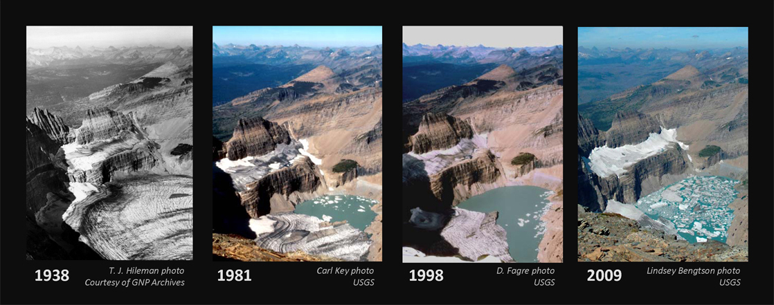 A series of photos shows the Grinnel Glacier in the years 19 38, 19 81, 19 98 and 2009. In 19 38, the lake beneath the glacier was completely frozen. In 19 81, about one-third of the lake was thawed. In 19 98, two-thirds of the lake was thawed. In 2009, it was covered with chunks of ice, but otherwise it was completely thawed. At the same time, the glacier itself has steadily receded.