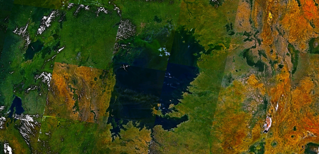 Satellite image shows a large blue lake surrounded by green land.