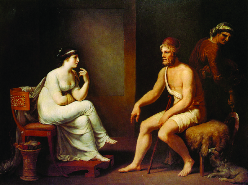 A painting depicting a woman on the left, Penelope, and a man on the right, Odysseus. Another person is behind Odysseus looking back at them.