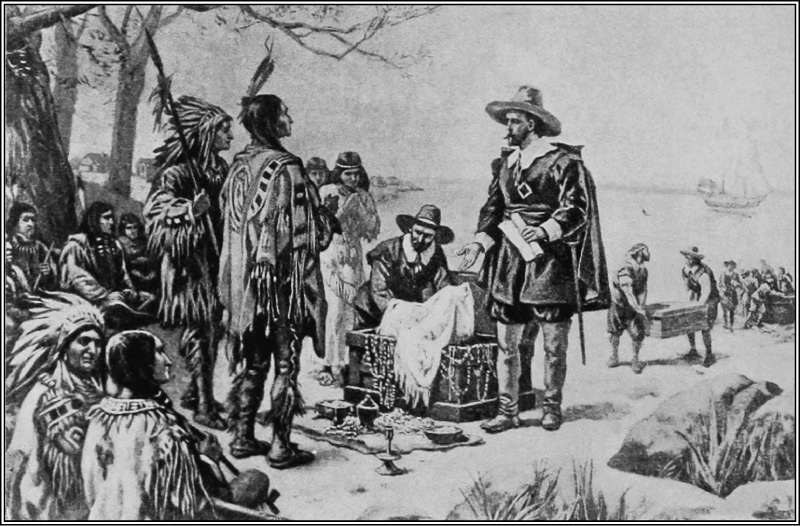 This figure shows a depiction of a white man holding a paper and meeting with two Native Americans. There are other Native Americans gathered around, sitting on the ground behind them. There is also another white man next to the first pulling fabric out of a chest.