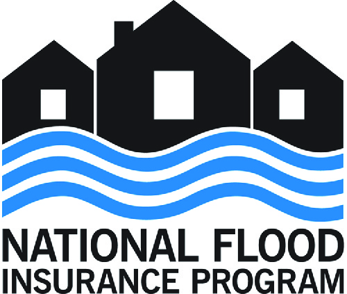 This graphic shows the logo for the National Flood Insurance Program. It has the outline of three houses with wavy lines below them to represent water. Below the lines it says National Flood Insurance Program.