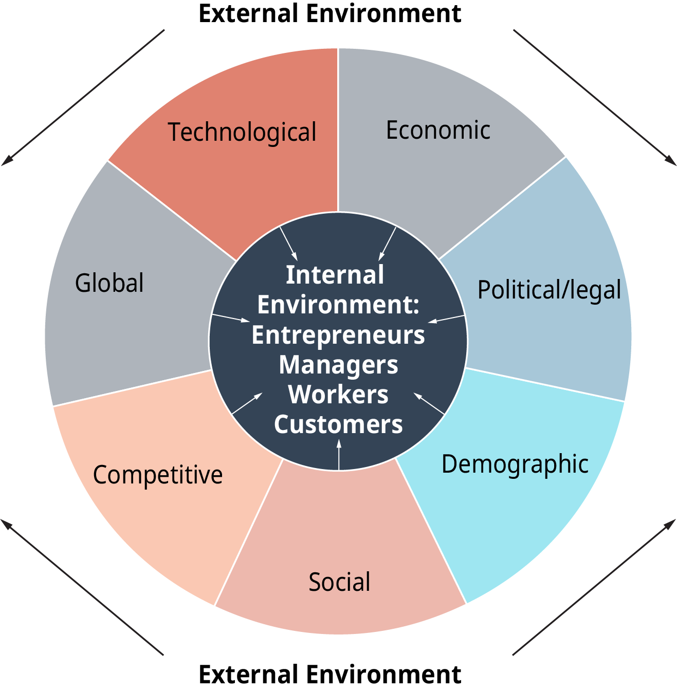 The diagram is a circle, with a core that is labeled, and sections surrounding the core that are labeled. Outside of the circle is the external environment, which affects the contents of the circle. The core is labeled as, Internal Environment; entrepreneurs, managers, workers, and customers. The sections surrounding the core are as follows; technological, and economic, and political slash legal, and demographic, and social, and competitive, and global. All these sections have arrows pointing inward to the core internal environment.