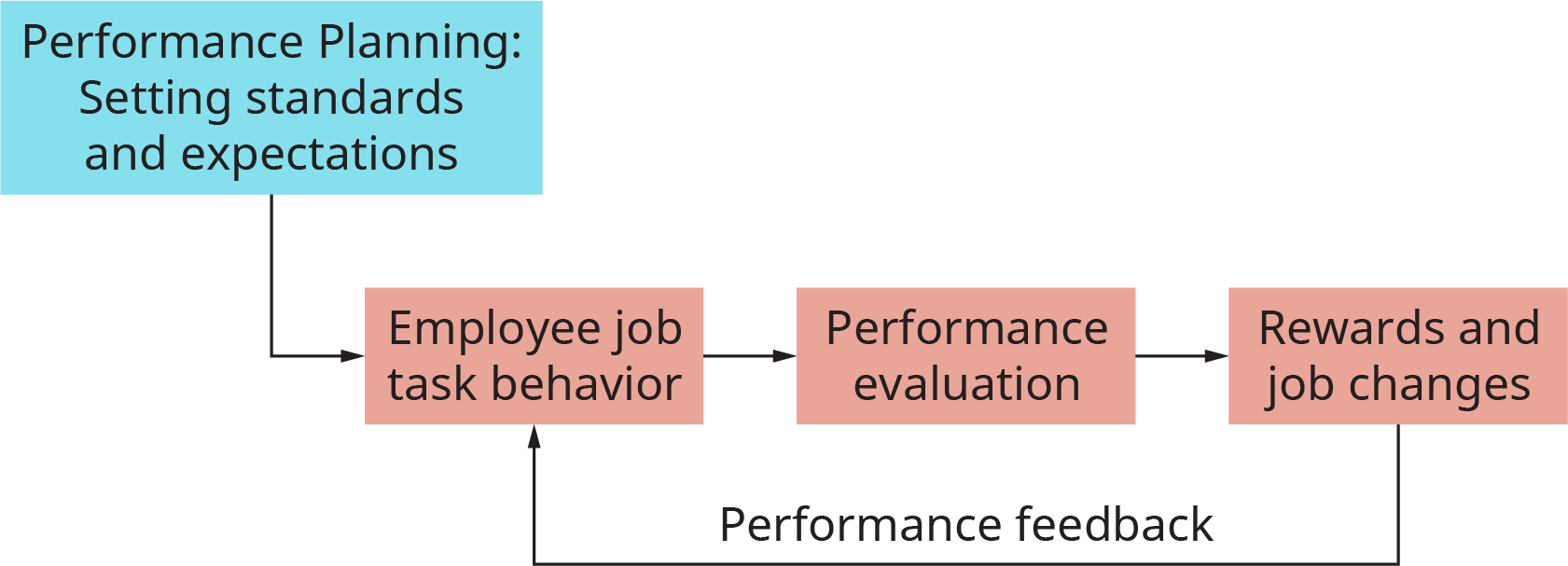The chart starts with a box labeled performance planning; setting standards and expectations. This flows into employee job task behavior. This flows into performance evaluation. This flows into rewards and job changes. From here, the process flows back to employee job task behavior, and is labeled performance feedback.