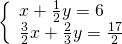 \left\{\begin{array}{c}x+\frac{1}{2}y=6\hfill \\ \frac{3}{2}x+\frac{2}{3}y=\frac{17}{2}\hfill \end{array}