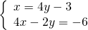 \left\{\begin{array}{c}x=4y-3\hfill \\ 4x-2y=-6\hfill \end{array}