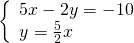 \left\{\begin{array}{c}5x-2y=-10\hfill \\ y=\frac{5}{2}x\hfill \end{array}