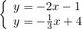 \left\{\begin{array}{c}y=-2x-1\hfill \\ y=-\frac{1}{3}x+4\hfill \end{array}