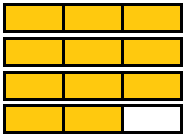 4 rectangles each divided into 3 parts. 3 rectangles are fully shaded. One rectangle has 2 parts shaded.