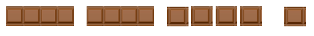 2 whole chocolate bars. 4 quarters of a chocolate bar. One quarter of a chocolate bar.
