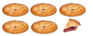 Illustration of 5 cherry pies and one slice that is one eighth of a pie