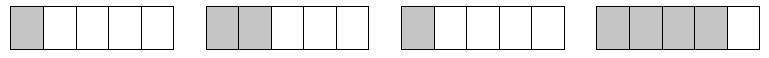 Image of equation using four rectangle objects for fractions and their sum. One rectangle divided in four, shaded in one left segment. Addition between. Second rectangle divided in four segments, shaded in two left segments. Third rectangle divided in four segments, shaded in one left segments. Equals sign. Sum shown as rectangle with three shaded segments, one blank.