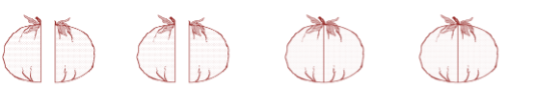 Image of tomatoes. Two images show cut tomatoes that are even set of four pieces. Two show whole tomatoes of pieces unspaced.