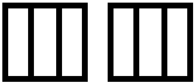 Two squares, each divided into three parts.