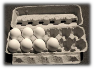 An standard twelve-egg egg carton is open, showing that only seven eggs remain inside the carton.