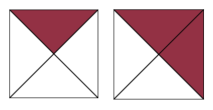 Two squares split into four equal segments each. For the first, three segments are blank, and one is shaded red. For the second, two segments are blank, and two are shaded red.