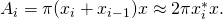 Rendered by QuickLaTeX.com {A}_{i}=\pi ({x}_{i}+{x}_{i-1})\text{Δ}x\approx 2\pi {x}_{i}^{*}\text{Δ}x.