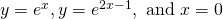 y={e}^{x},y={e}^{2x-1},\text{ and }x=0