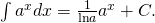 Rendered by QuickLaTeX.com \int {a}^{x}dx=\frac{1}{\text{ln}a}{a}^{x}+C.
