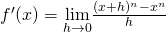 Rendered by QuickLaTeX.com f^{\prime}(x)=\underset{h\to 0}{\lim}\frac{(x+h)^n-x^n}{h}