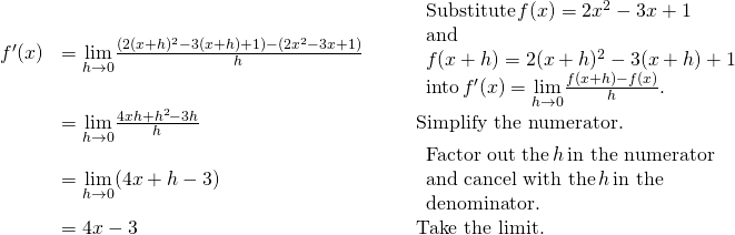 \begin{array}{lllll}f^{\prime}(x) & =\underset{h\to 0}{\lim}\frac{(2(x+h)^2-3(x+h)+1)-(2x^2-3x+1)}{h} & & & \begin{array}{l}\text{Substitute} \, f(x)=2x^2-3x+1 \\ \text{and} \\ f(x+h)=2(x+h)^2-3(x+h)+1 \\ \text{into} \, f^{\prime}(x)=\underset{h\to 0}{\lim}\frac{f(x+h)-f(x)}{h}. \end{array} \\ & =\underset{h\to 0}{\lim}\frac{4xh+h^2-3h}{h} & & & \text{Simplify the numerator.} \\ & =\underset{h\to 0}{\lim}(4x+h-3) & & & \begin{array}{l}\text{Factor out the} \, h \, \text{in the numerator} \\ \text{and cancel with the} \, h \, \text{in the} \\ \text{denominator.} \end{array} \\ & =4x-3 & & & \text{Take the limit.} \end{array}