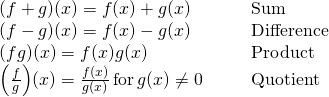 Rendered by QuickLaTeX.com \begin{array}{cccc}(f+g)(x)=f(x)+g(x)\hfill & & & \text{Sum}\hfill \\ (f-g)(x)=f(x)-g(x)\hfill & & & \text{Difference}\hfill \\ (f·g)(x)=f(x)g(x)\hfill & & & \text{Product}\hfill \\ \Big(\frac{f}{g}\Big)(x)=\frac{f(x)}{g(x)} \, \text{for} \, g(x)\ne 0\hfill & & & \text{Quotient}\hfill \end{array}