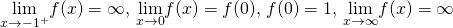 \underset{x\to -1^+}{\lim}f(x)=\infty, \, \underset{x\to 0}{\lim}f(x)=f(0), \, f(0)=1, \, \underset{x\to \infty }{\lim}f(x)=−\infty 