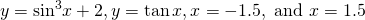 y={ \sin }^{3}x+2,y= \tan x,x=-1.5,\text{ and }x=1.5