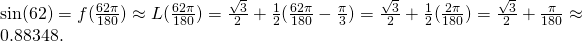  \sin (62\text{°})=f(\frac{62\pi }{180})\approx L(\frac{62\pi }{180})=\frac{\sqrt{3}}{2}+\frac{1}{2}(\frac{62\pi }{180}-\frac{\pi }{3})=\frac{\sqrt{3}}{2}+\frac{1}{2}(\frac{2\pi }{180})=\frac{\sqrt{3}}{2}+\frac{\pi }{180}\approx 0.88348.