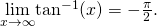Rendered by QuickLaTeX.com \underset{x\to \text{−}\infty }{\text{lim}}{ \tan }^{-1}(x)=-\frac{\pi }{2}.