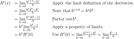 \begin{array}{lllll} B^{\prime}(x) & =\underset{h\to 0}{\lim}\frac{b^{x+h}-b^x}{h} & & & \text{Apply the limit definition of the derivative.} \\ & =\underset{h\to 0}{\lim}\frac{b^xb^h-b^x}{h} & & & \text{Note that} \, b^{x+h}=b^x b^h. \\ & =\underset{h\to 0}{\lim}\frac{b^x(b^h-1)}{h} & & & \text{Factor out} \, b^x. \\ & =b^x\underset{h\to 0}{\lim}\frac{b^h-1}{h} & & & \text{Apply a property of limits.} \\ & =b^x B^{\prime}(0) & & & \text{Use} \, B^{\prime}(0)=\underset{h\to 0}{\lim}\frac{b^{0+h}-b^0}{h}=\underset{h\to 0}{\lim}\frac{b^h-1}{h}. \end{array}