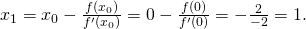 Rendered by QuickLaTeX.com {x}_{1}={x}_{0}-\frac{f({x}_{0})}{{f}^{\prime }({x}_{0})}=0-\frac{f(0)}{{f}^{\prime }(0)}=-\frac{2}{-2}=1.