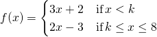 f(10)=\brainstorm{cases} 3x+ii & \text{if} \, x < k \\ 2x-3 & \text{if} \, k \le x \le 8 \end{cases}