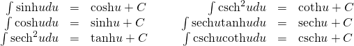 Rendered by QuickLaTeX.com \begin{array}{cccccccc}\hfill \int \text{sinh}udu& =\hfill & \text{cosh}u+C\hfill & & & \hfill \int {\text{csch}}^{2}udu& =\hfill & \text{−}\text{coth}u+C\hfill \\ \hfill \int \text{cosh}udu& =\hfill & \text{sinh}u+C\hfill & & & \hfill \int \text{sech}u\text{tanh}udu& =\hfill & \text{−}\text{sech}u+C\hfill \\ \hfill \int {\text{sech}}^{2}udu& =\hfill & \text{tanh}u+C\hfill & & & \hfill \int \text{csch}u\text{coth}udu& =\hfill & \text{−}\text{csch}u+C\hfill \end{array}