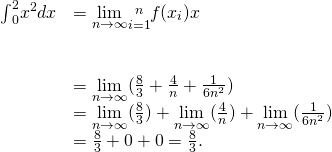 Rendered by QuickLaTeX.com \begin{array}{cc}{\int }_{0}^{2}{x}^{2}dx\hfill & =\underset{n\to \infty }{\text{lim}}\underset{i=1}{\overset{n}{\text{∑}}}f({x}_{i})\text{Δ}x\hfill \\ \\ \\ & =\underset{n\to \infty }{\text{lim}}(\frac{8}{3}+\frac{4}{n}+\frac{1}{6{n}^{2}})\hfill \\ & =\underset{n\to \infty }{\text{lim}}(\frac{8}{3})+\underset{n\to \infty }{\text{lim}}(\frac{4}{n})+\underset{n\to \infty }{\text{lim}}(\frac{1}{6{n}^{2}})\hfill \\ & =\frac{8}{3}+0+0=\frac{8}{3}.\hfill \end{array}