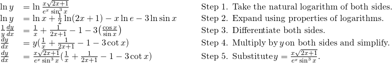\begin{array}{lllll} \ln y & = \ln \large \frac{x\sqrt{2x+1}}{e^x \sin^3 x} & & & \text{Step 1. Take the natural logarithm of both sides.} \\ \ln y & = \ln x+\frac{1}{2} \ln (2x+1)-x \ln e-3 \ln \sin x & & & \text{Step 2. Expand using properties of logarithms.} \\ \frac{1}{y}\frac{dy}{dx} & = \frac{1}{x}+\frac{1}{2x+1}-1-3\big(\frac{\cos x}{\sin x}\big) & & & \text{Step 3. Differentiate both sides.} \\ \frac{dy}{dx} & = y (\frac{1}{x}+\frac{1}{2x+1}-1-3 \cot x) & & & \text{Step 4. Multiply by} \, y \, \text{on both sides and simplify.} \\ \frac{dy}{dx} & = \large \frac{x\sqrt{2x+1}}{e^x \sin^3 x} \normalsize (\frac{1}{x}+\frac{1}{2x+1}-1-3 \cot x) & & & \text{Step 5. Substitute} \, y=\large \frac{x\sqrt{2x+1}}{e^x \sin^3 x}. \end{array}