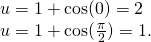 Rendered by QuickLaTeX.com \begin{array}{c}u=1+ \cos (0)=2\hfill \\ u=1+ \cos (\frac{\pi }{2})=1.\hfill \end{array}