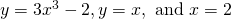 y=3{x}^{3}-2,y=x,\text{ and }x=2