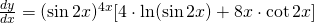 \frac{dy}{dx} = (\sin 2x)^{4x} [4 \cdot \ln(\sin 2x) + 8x \cdot \cot 2x]