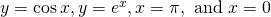 y= \cos x,y={e}^{x},x=\text{−}\pi ,\text{ and }x=0