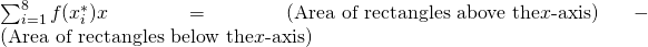 Rendered by QuickLaTeX.com \sum _{i=1}^{8}f({x}_{i}^{*})\text{Δ}x=(\text{Area of rectangles above the}x\text{-axis})-(\text{Area of rectangles below the}x\text{-axis})
