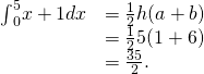 Rendered by QuickLaTeX.com \begin{array}{cc}{\int }_{0}^{5}x+1dx\hfill & =\frac{1}{2}h(a+b)\hfill \\ & =\frac{1}{2}·5·(1+6)\hfill \\ & =\frac{35}{2}.\hfill \end{array}