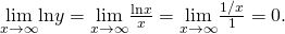 Rendered by QuickLaTeX.com \underset{x\to \infty }{\text{lim}}\text{ln}y=\underset{x\to \infty }{\text{lim}}\frac{\text{ln}x}{x}=\underset{x\to \infty }{\text{lim}}\frac{1\text{/}x}{1}=0.