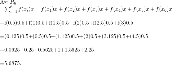 Rendered by QuickLaTeX.com \begin{array}{}\\ \\ A\approx {R}_{6}\hfill & =\sum _{i=1}^{6}f({x}_{i})\text{Δ}x=f({x}_{1})\text{Δ}x+f({x}_{2})\text{Δ}x+f({x}_{3})\text{Δ}x+f({x}_{4})\text{Δ}x+f({x}_{5})\text{Δ}x+f({x}_{6})\text{Δ}x\hfill \\ & =f(0.5)0.5+f(1)0.5+f(1.5)0.5+f(2)0.5+f(2.5)0.5+f(3)0.5\hfill \\ & =(0.125)0.5+(0.5)0.5+(1.125)0.5+(2)0.5+(3.125)0.5+(4.5)0.5\hfill \\ & =0.0625+0.25+0.5625+1+1.5625+2.25\hfill \\ & =5.6875.\hfill \end{array}