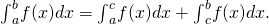Rendered by QuickLaTeX.com {\int }_{a}^{b}f(x)dx={\int }_{a}^{c}f(x)dx+{\int }_{c}^{b}f(x)dx.
