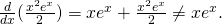 \frac{d}{dx}(\frac{{x}^{2}{e}^{x}}{2})=x{e}^{x}+\frac{{x}^{2}{e}^{x}}{2}\ne x{e}^{x}.