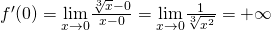 f^{\prime}(0)=\underset{x\to 0}{\lim}\frac{\sqrt[3]{x}-0}{x-0}=\underset{x\to 0}{\lim}\frac{1}{\sqrt[3]{x^2}}=+\infty