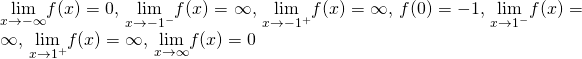 \underset{x\to -\infty }{\lim}f(x)=0, \, \underset{x\to -1^-}{\lim}f(x)=\infty, \, \underset{x\to -1^+}{\lim}f(x)=−\infty, \, f(0)=-1, \, \underset{x\to 1^-}{\lim}f(x)=−\infty, \, \underset{x\to 1^+}{\lim}f(x)=\infty, \, \underset{x\to \infty }{\lim}f(x)=0